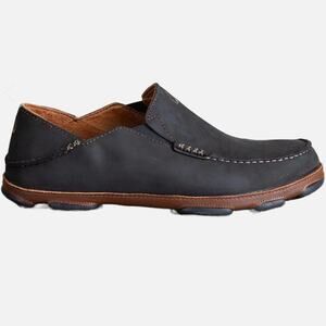 OluKai Moloa Slip On Loafer Black Leather Grip Sole Shoe